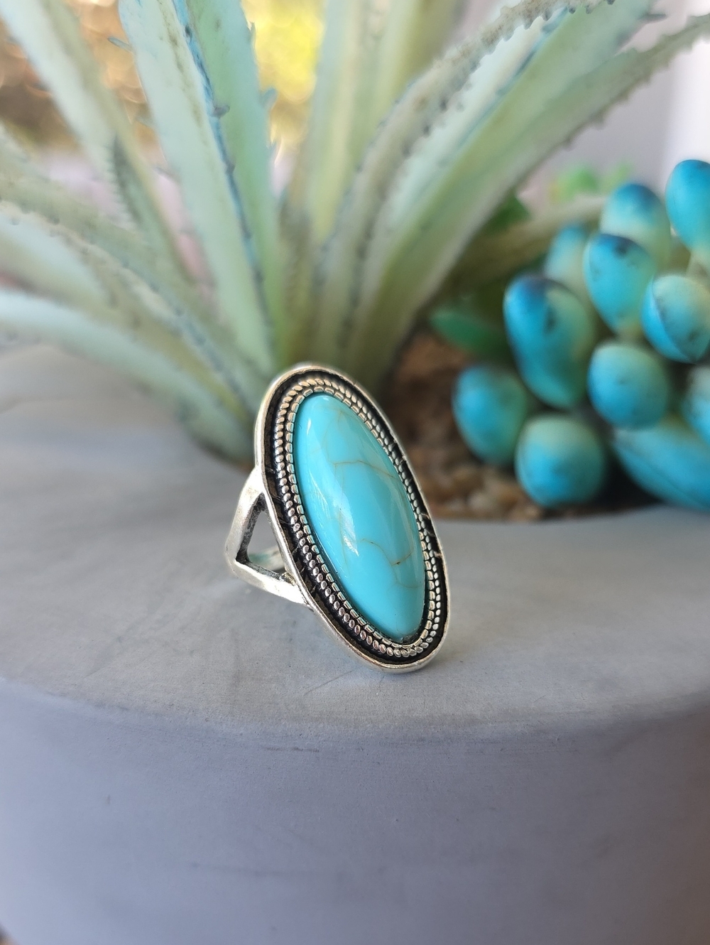Silver Turquoise Oval Statement Ring Blue